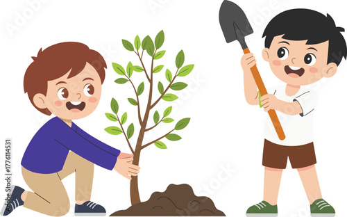 Children, planting, tree, teamwork, environment, nature, green, soil, shovel, sapling, outdoor, growth, ecology, kids, garden, sustainability, education, climate, care, reforestation