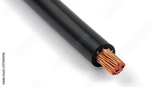 Close-up of a thick black insulated wire revealing intertwined copper strands at the cut end on a white surface