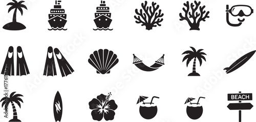 Tropical Beach and Ocean Vacation Icons with Palm Trees and Cruise Ship holiday summer