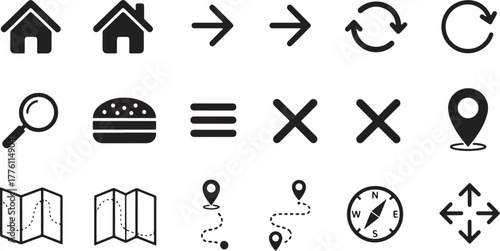 Web And Navigation Icons Set With Map And Compass Keywords: web, navigation, icon, symbol, home