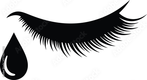 Sad crying eye eyelash with black tear droplet dramatic emotion minimalist design isolated on transparent background