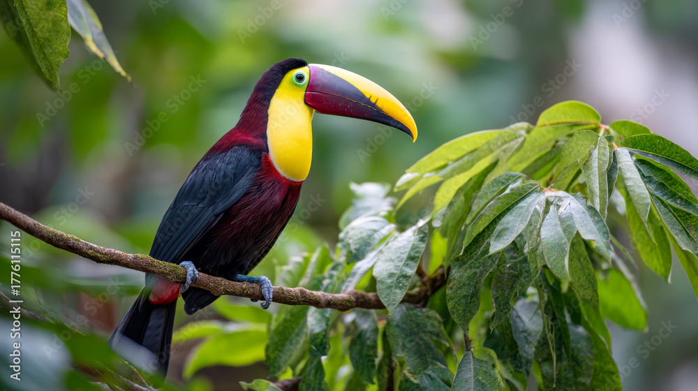 Naklejka premium A colorful toucan sitting on a jungle branch, an exotic tropical bird with a brightly colored beak