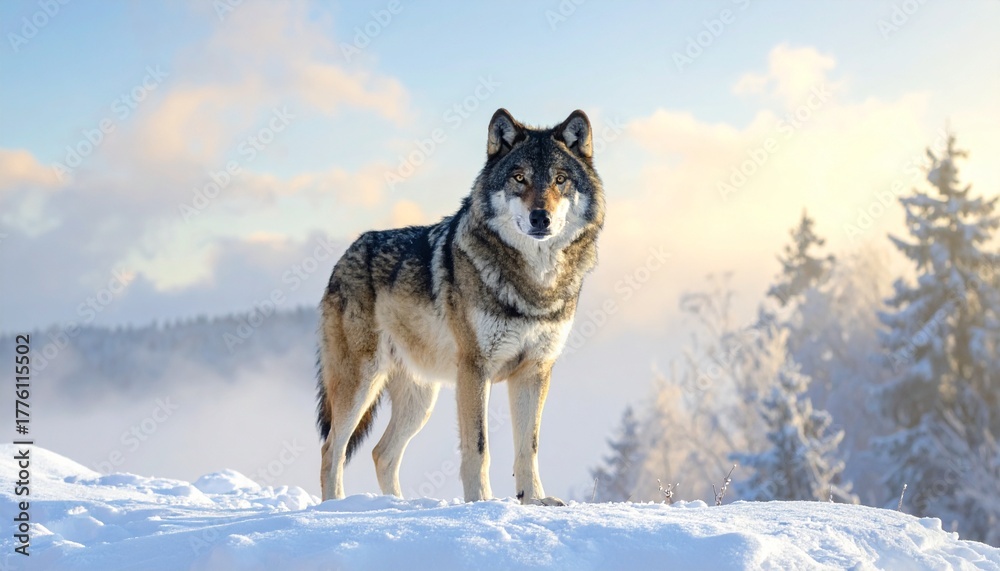 Naklejka premium Majestic Wolf in Snowy Landscape: A lone wolf, a symbol of resilience, stands proudly on a snow-covered hill, its gaze fixed ahead against a backdrop of a bright sky and frosted trees.