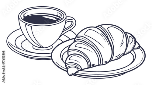 Elegant line art of fresh croissant and coffee, perfect for cafe menus and morning promotions, classic French style breakfast, minimalist design, simple yet refined