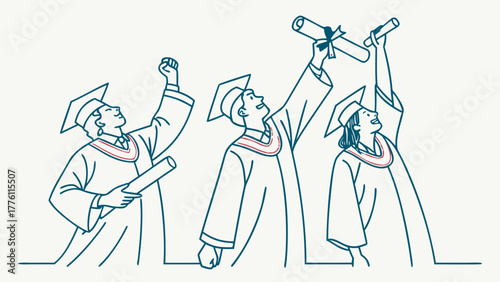 Celebrate Graduation Success: Line Art of Graduates Holding Diplomas High, Conveying Joy and Achievement After Academic Excellence, a Moment of Pride