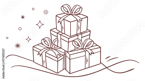 Delightful hand-drawn presents with bows and sparkling stars, perfect for holiday promotions, seasonal cards, and festive designs to add a touch of joy