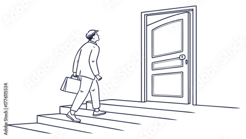 Ambitious businessman stepping through open door to opportunity, a fresh start, and new career prospects with determination and hope for success