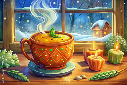 Traditional masala chai with visible spice foam served in handmade clay cup next to frosted window showing falling snow outside