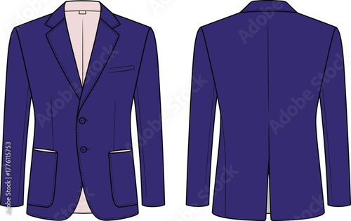 Dark blue blazer front and back view, classic men's jacket, formal wear, tailored suit, fashion apparel, clothing mockup, elegant style