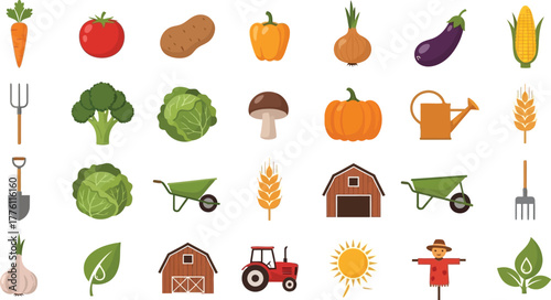 Collection of farm fresh vegetables fruits and gardening tools arranged in a grid pattern isolated on transparent background