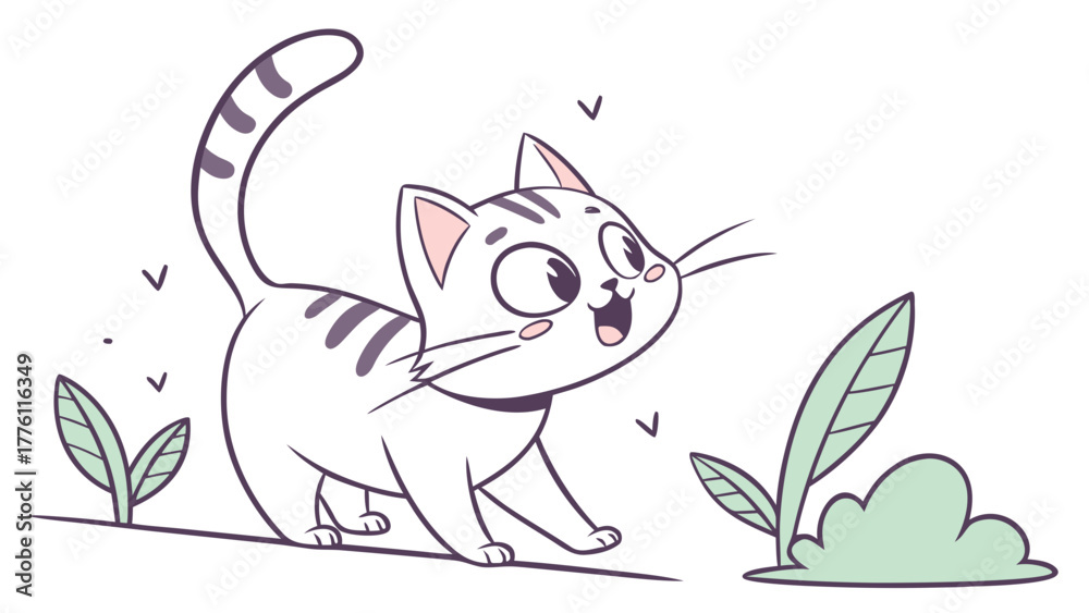 Fototapeta premium Adorable cartoon kitten curiously exploring a vibrant garden with playful eyes and a wagging tail, perfect for children's stories and charming designs.