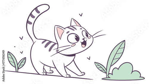 Adorable cartoon kitten curiously exploring a vibrant garden with playful eyes and a wagging tail, perfect for children's stories and charming designs.