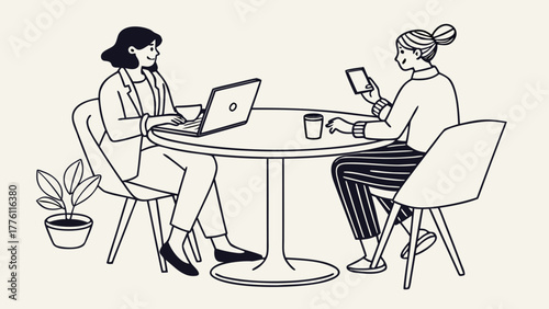 Two professional women collaborate and connect in a modern cafe setting, one using a laptop, the other a smartphone, symbolizing teamwork and digital communication.