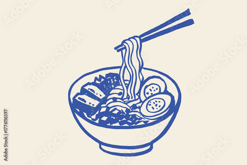 Ramen bowl with chopsticks, naive sketch vector illustration