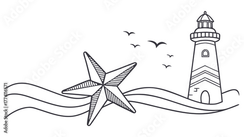 Nautical scene with a lighthouse, starfish, and birds flying over waves, perfect for seaside themes and coastal designs.