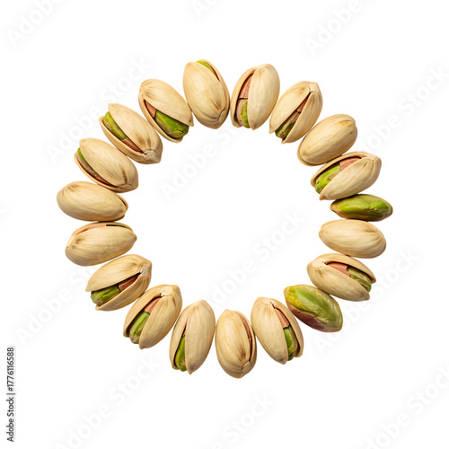 Delightful pistachios arranged in a perfect circle, offering a vibrant and healthy snack option for any occasion.