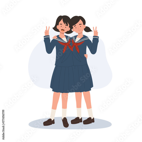 full length of japanese schoolgirls in sailor uniform making peace sign friendship.