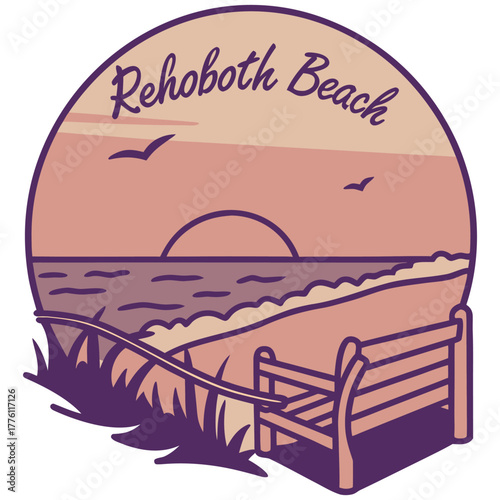 Rehoboth Beach Sunset Scene Featuring Wooden Bench, Ocean Horizon, and Flying Birds