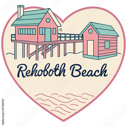Rehoboth Beach Heart Illustration Featuring Lifeguard Station, Ocean Waves, and Pink Clouds