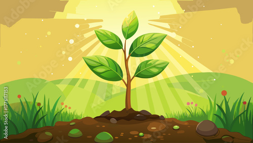 A small tree sapling growing from moist soil, bathed in golden morning light, surrounded by fresh green grass and bokeh background, symbolizing hope, sustainability, and new beginnings