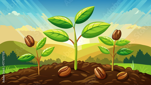 Close-up of young coffee bean seedlings sprouting from rich soil under soft sunlight, symbolizing growth, freshness, and natural energy, surrounded by a lush green blurred background