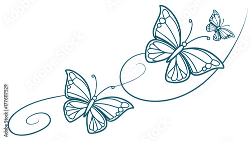 Elegant flowing lines with delicate butterflies evoke grace and transformation, perfect for design projects celebrating nature and beauty.