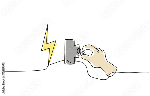 Minimalist continuous one line drawing of a hand operating an electrical breaker switch, symbolizing power control, safety, and energy management. Vector illustration. Editable stroke