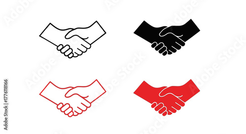 Four handshake icons represent agreement, partnership, and collaboration in black and red colors.