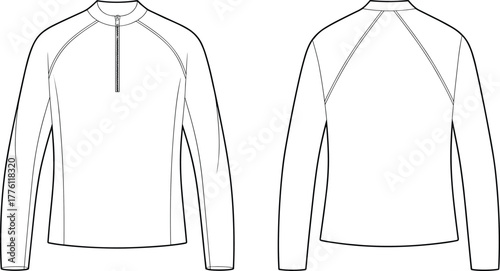 Technical fashion flat sketch of men’s long sleeve half zip pullover with raglan sleeves, minimalist sportswear apparel design vector template