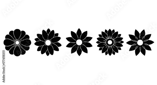 Five stylized flower icons with different petal arrangements are displayed in a horizontal row.