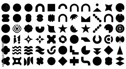 Collection of various abstract geometric shapes and symbols in black color arranged in rows and.