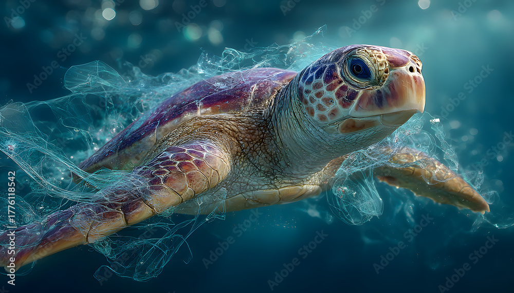 Fototapeta premium Sea Turtle Entangled in Plastic: A Silent Plea for Ocean Conservation