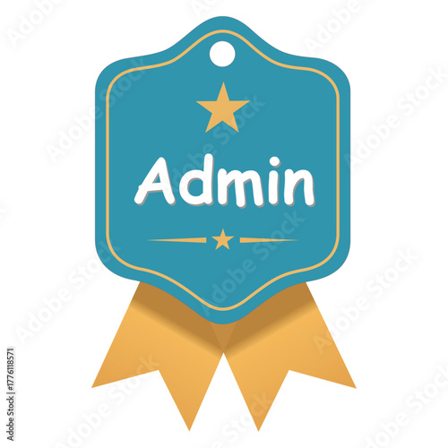 Admin word on teal badge with star, ribbon for user role, administrator access, or verified service award vector icon