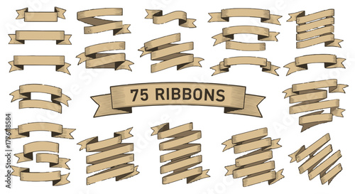 Seventy five vintage style ribbons are presented in various shapes and arrangements on a plain white.