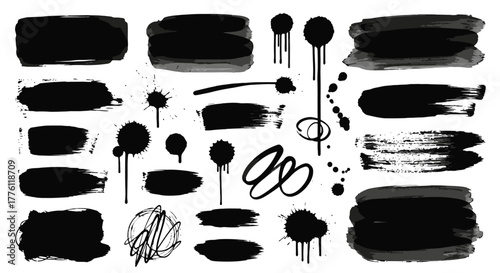 Collection of black ink stains and brush strokes for artistic projects and creative compositions.