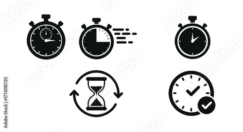Clock and hourglass symbols represent concepts of time, deadlines, and time management.