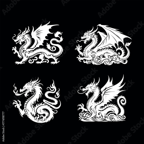 Dragon silhouette collection on black background