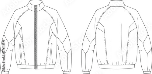 Technical fashion flat sketch of modern bomber jacket with zipper front, panel sleeve design, ribbed cuffs and waistband, vector template illustration