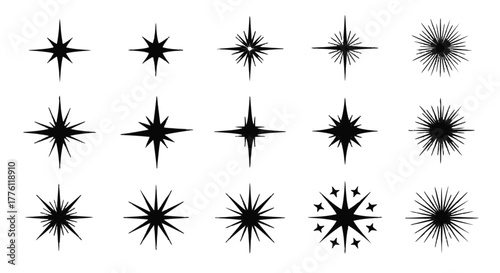 A set of fifteen starburst shapes are arranged in a grid against a plain white canvas.