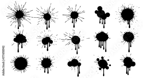 Collection of black ink blots and splatters of different shapes isolated on a white surface.