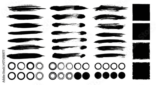 Collection of black brush strokes, circles, and squares for artistic effects on a white surface.