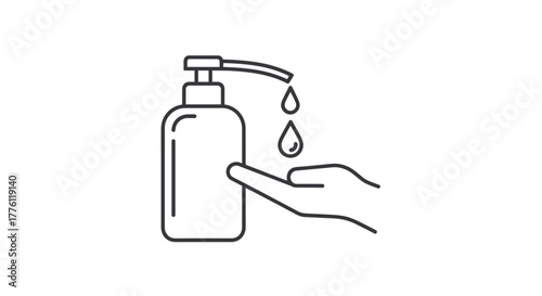 Hygiene concept with hand sanitizer dispenser and drops falling onto an open palm for clean living and health awareness, Generative AI.