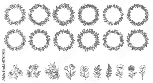 Collection of hand drawn floral wreaths and flower elements for decoration and embellishment needs.
