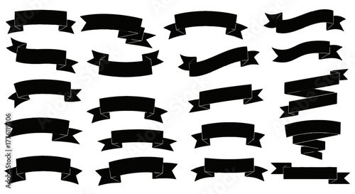 Collection of black ribbon banners in various shapes can be used for graphic elements and.
