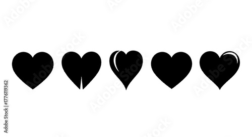 A row of five black heart shapes, each with a slightly different form, set against a white field.