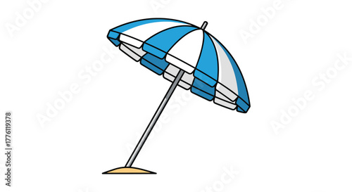 Bright blue and white beach umbrella stands ready for a sunny day at the shore offering cool shade and vacation vibes, Generative AI.