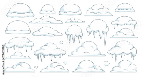 Collection of snowy caps and icicles for winter season decoration, representing cold weather.