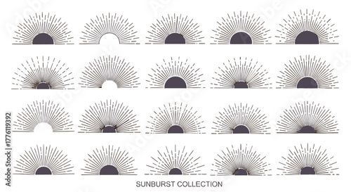 Various sunburst elements arranged in a grid, providing a diverse range of radiant shapes.