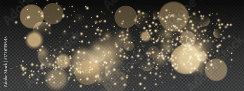 Gold dust particles background with bokeh light effects. Golden glitter dots, stars, and luminous circles scattered across dark space. Vector pattern featuring transparent glow and shine elements.