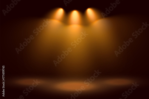golden three spotlights and stage background design